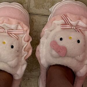 Kids Pink Plush One-Piece Slipper with Bow Detail